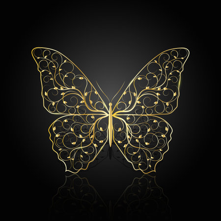 Gold butterfly with floral pattern on dark background with reflection.のイラスト素材