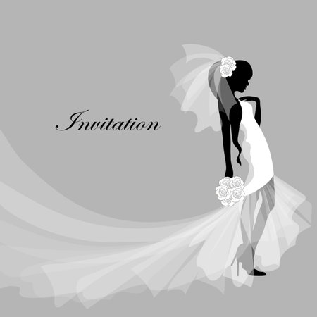 The black silhouette of a bride in a white wedding dress holding a bouquet on a gray background. Invitation card. Vector illustration.のイラスト素材