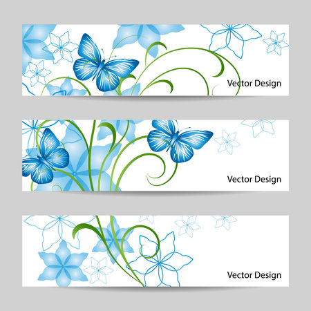 Set of horizontal banners with bouquet of abstract blue flowers and butterflies on white background.のイラスト素材