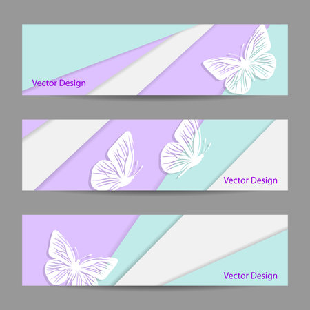 A set of vector banners with colored background in material design style with paper butterflies.のイラスト素材
