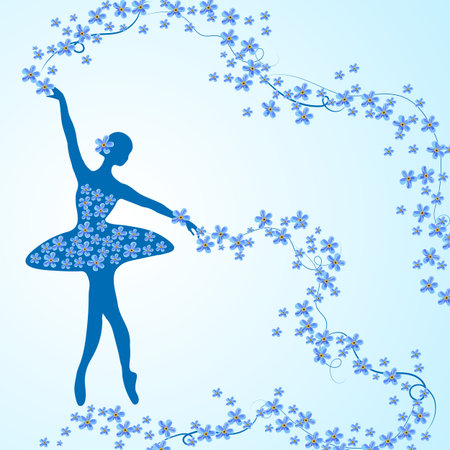 Greeting card with silhouette of ballerina holding a whirl with forget-me-not flowers and ribbons.のイラスト素材