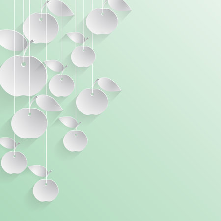 Paper apples with drop shadows hanging on strings. Green pastel background. Vector illustration.のイラスト素材
