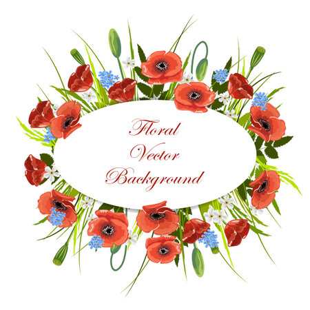 Holiday background with wild flowers and oval label. Vector illustration.のイラスト素材