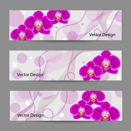 Set of horizontal banners with violet orchid flowers, circles and ribbons.のイラスト素材