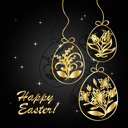 Happy Easter greeting card. Golden ornamental eggs hanging on strings on dark background with stars.のイラスト素材