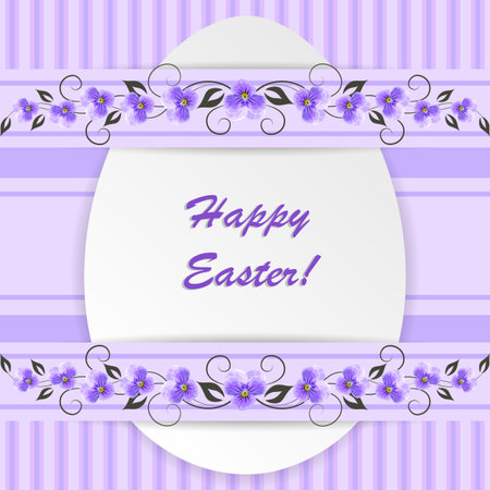 Happy Easter greeting card.  White egg and violet flowers on striped background. Vector illustration.のイラスト素材