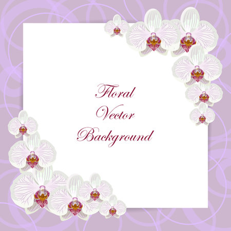 Floral vector card with sheet of paper and white orchid flowers on violet background with geometric pattern. Vector illustration for use in your design.のイラスト素材