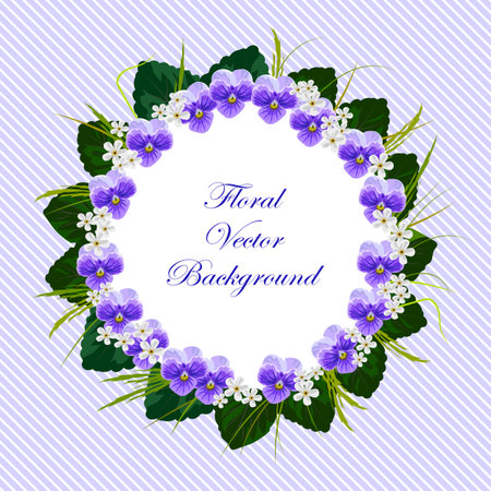 Floral vector card with white round banner and beautiful violet  flowers on striped background for use in your design. Vector illustration.のイラスト素材
