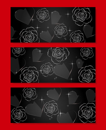 Set of horizontal banners. Glass hearts and silver flowers on black background.のイラスト素材