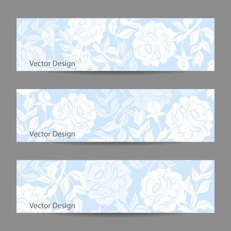 Set of horizontal banners. Blue vector background with white peonies.のイラスト素材