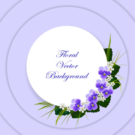 Floral vector background. Corner composition of violets, white flowers, green leaves and herbs. White round banner with place for your text.のイラスト素材