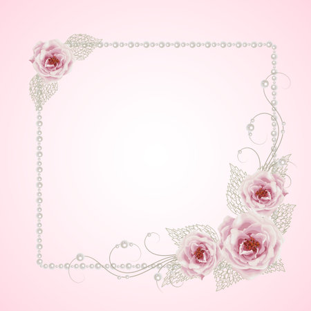 Beautiful square frame with roses and pearls on pink background for greeting card or invitation design.のイラスト素材