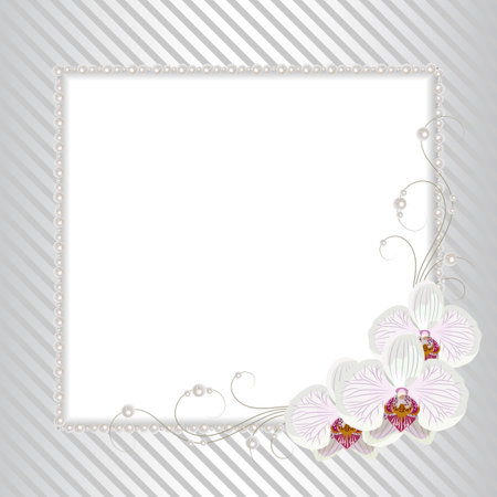 Beautiful square frame with white orchids and pearls on striped background for greeting card or invitation design.のイラスト素材