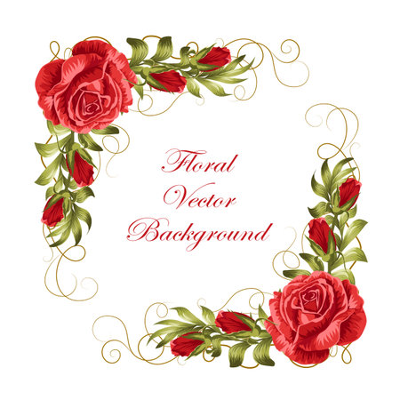 Beautiful frame with red roses and green leaves. Vector illustration isolated on white background.のイラスト素材