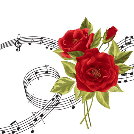 Vector illustration with music notes and rose flowers isolated on white background.のイラスト素材