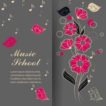 Vector illustration of singing birds, flowers and music notes.のイラスト素材