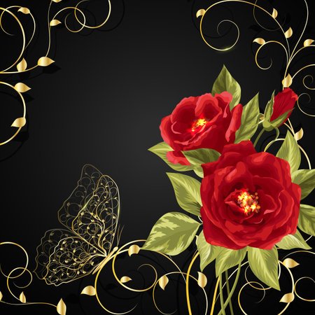 Beautiful bouquet of red roses with gold buttetfly sitting on twine plant. Vector illustration on black background.のイラスト素材