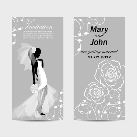 Set of wedding invitation cards design. The black silhouette of a bride in a white dress and floral pattern on a gray background. Vector illustration.のイラスト素材