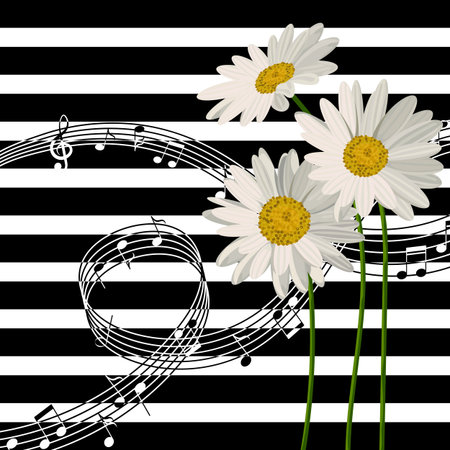 Vector illustration with music notes and daisies on striped background.のイラスト素材