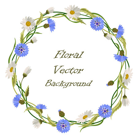 Wreath frame with blue cornflowers, daisies and green leaves isolated on a white background. Vector illustration.のイラスト素材