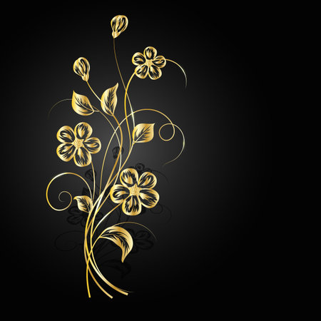 Gold flowers with shadow on dark background. Vector illustration.のイラスト素材