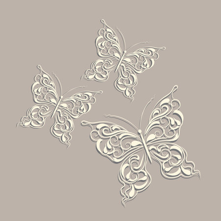 White paper butterflies with vintage pattern on gray background.のイラスト素材