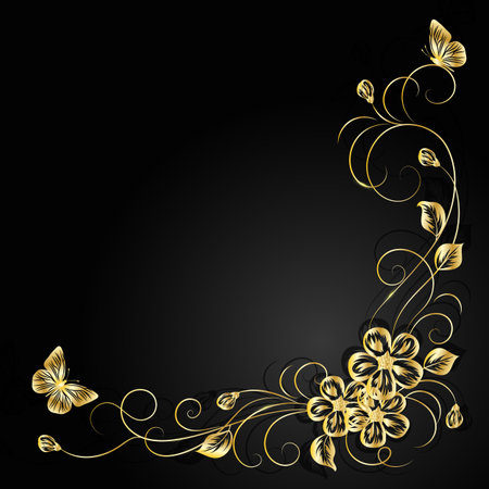 Gold flower pattern and butterflies with shadow on dark background. Vector illustration.のイラスト素材