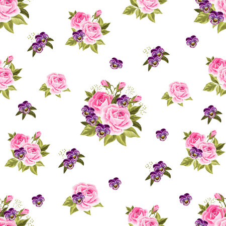 Seamless floral pattern with pink roses and violet pansies isolated on white background.のイラスト素材