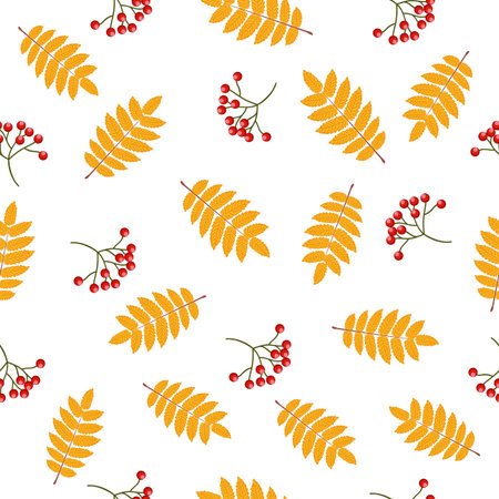 Autumn seamless pattern with rowan leaves and berries. Vector illustration on white background.のイラスト素材