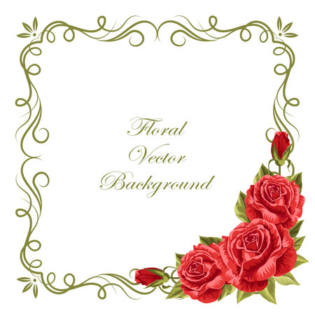 Floral vector background with vintage frame and roses for use in your design. Vector illustration.のイラスト素材
