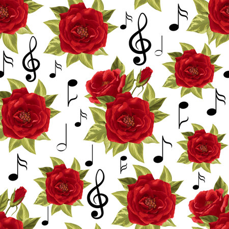 Seamless pattern with music notes and red roses isolated on white background.のイラスト素材