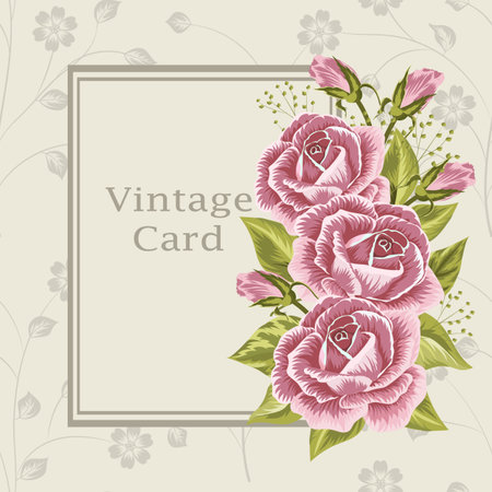 Floral vector background. Square frame with beautiful pink roses on gray background.のイラスト素材