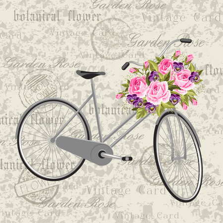Gray bicycle with a basket full of flowers. Vintage postcard background. Vector illustration.のイラスト素材