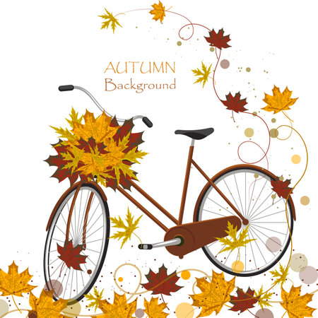 Autumn background with colorful maple leaves and a bicycle. Vector illustration.のイラスト素材