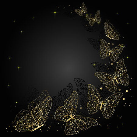 Gold flying butterflies on dark background with place for your text.のイラスト素材
