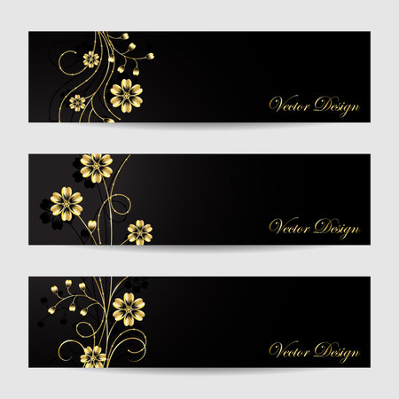 Set of horizontal banners. Gold flowers with shadow on dark background. Vector illustration.のイラスト素材