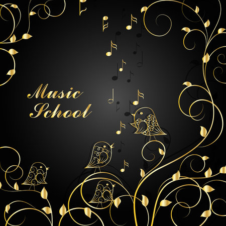 Gold illustration of singing birds on branch on black backgroundのイラスト素材