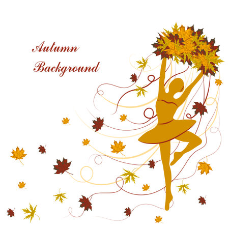 Tender ballerina is holding maple leaves with ribbons. Autumn background for use in your deesign.のイラスト素材