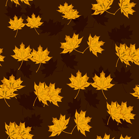 Seamless pattern with yellow maple leaves. Vector illustration on brown background.のイラスト素材
