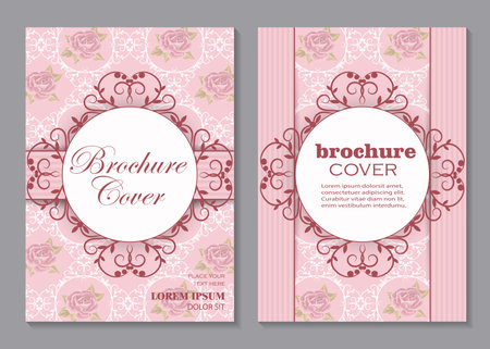 Modern vector template for brochure cover in A4 size. Vintage frame on pink background with floral pattern. Vector illustration.のイラスト素材