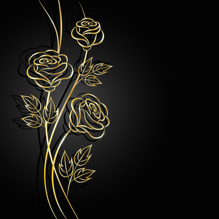 Gold flowers with shadow on dark background. Vector illustration.のイラスト素材