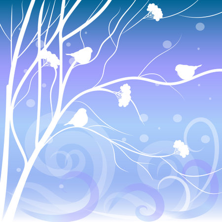 Winter card with bullfinches sitting on branch of rowan, vector illustration.のイラスト素材
