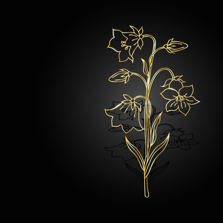 Gold bell flowers with shadow on dark background. Vector illustration.のイラスト素材