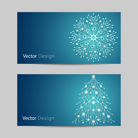 Set of horizontal banners. White snowflake and fir tree made of connected lines and dots on blue background.のイラスト素材