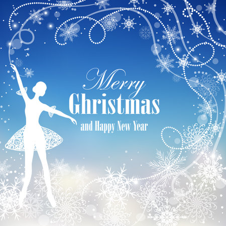 Christmas and New Year greeting card with tender ballerina and snowflakes.のイラスト素材