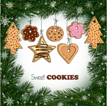 Different kinds of home made cookies hanging on threads. Decorative frame with fir branches and snowflakes.のイラスト素材
