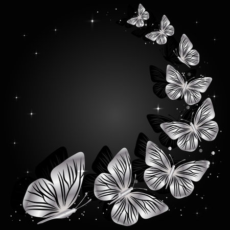 Silver flying butterflies on dark background with place for your text.のイラスト素材