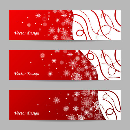 Set of 3 winter banners. White snowflakes on red background.のイラスト素材