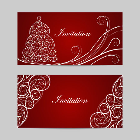 Set of horizontal banners. Beautiful winter pattern with swirls on red background.のイラスト素材
