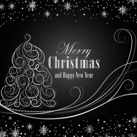 Christmas and New Year greeting card. Beautiful winter background with snowflakes and swirls in a shape of fir tree.のイラスト素材